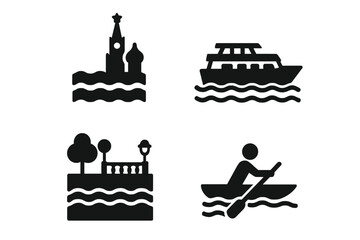 Moscow River Icons Solid Filled Vector Set of 4, Moscow River Scenery with Iconic Architecture, Tour Boat, River Embankment, Bridge Arch, Rowing Person, Water Activity Illustrations