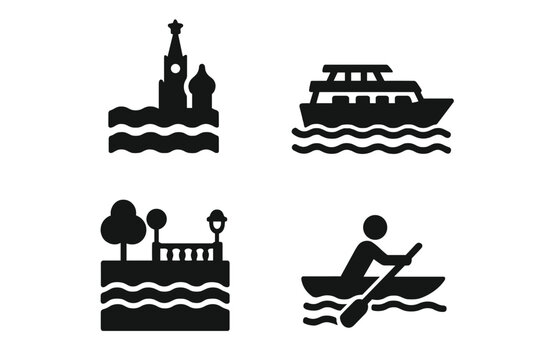 Moscow River Icons Solid Filled Vector Set of 4, Moscow River Scenery with Iconic Architecture, Tour Boat, River Embankment, Bridge Arch, Rowing Person, Water Activity Illustrations