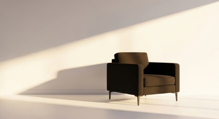 Fototapeta premium Modern armchair in minimalist room with dramatic natural light and shadows.
