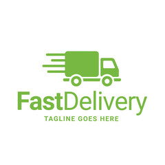 Green fast delivery truck icon with motion lines and company name fastdelivery and tagline here logo