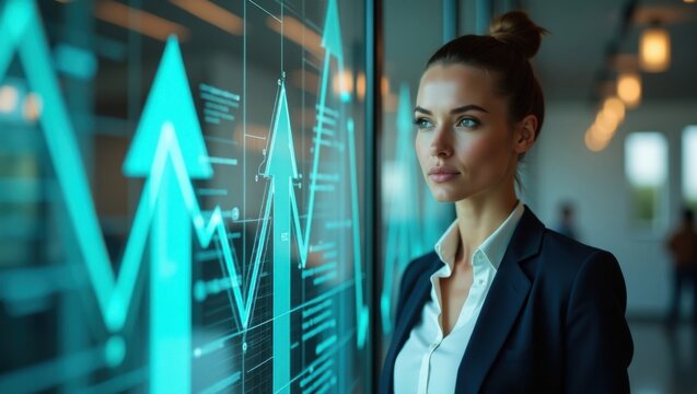 Mujer de negocios cerca de una pared de cristal, rodeada de flechas brillantes y gr&aacute;ficos financieros que simbolizan liderazgo
