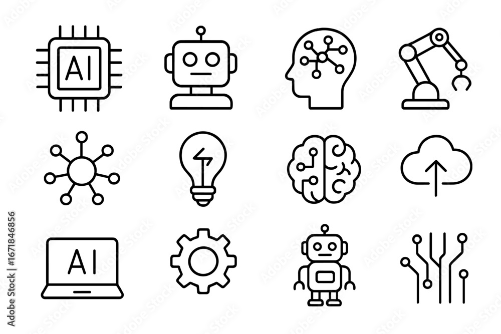 Fototapete technology ai and robotics line icon set, digital innovation vector collection, futuristic artificia