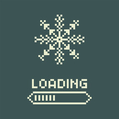 Pixel snowflake and loading indicator. The concept of approaching winter, winter holidays, Christmas and New Year. Сhristmas greeting card with snowflakes. Vector 8-bit illustration in retro style.