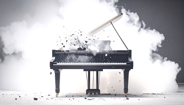 Abstract Exploding Piano with Smoke and Debris