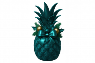 Teal pineapple ornament gleaming with golden decorations, pine accents, festive holiday styling against transparent backdrop