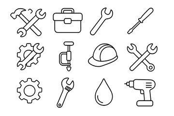 Obraz premium Tools repair icon set, equipment and maintenance linear icons collection, vector cartoon illustration with transparent background, ordered set of essential repair and construction tools