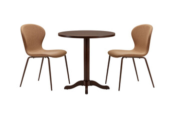 Modern round wooden table with two matching chairs isolated on transparent background for cafe interior design, restaurant furniture, and home decor.