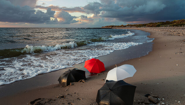 Umbrellas lie on a sandy beach as waves crash on the shore under a cloudy sky. - Powered by Adobe