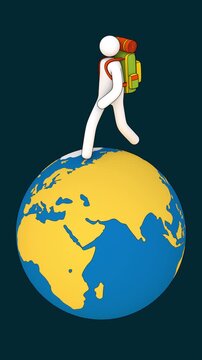 Stickman traveler with a hiking backpack walking across a rotating Earth globe. Global travel, adventure, exploring the world. Looped animation with alpha channel.
