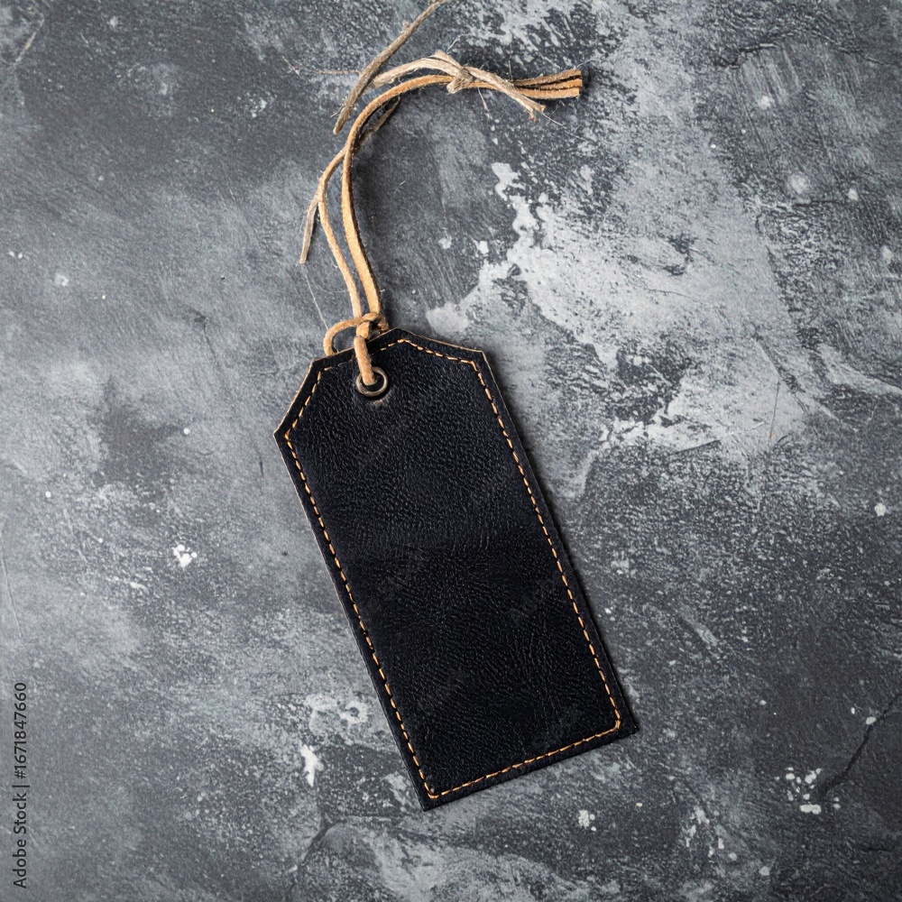 Poster Isolated Black Paper Tag with String Against Dark Gray Textured Background