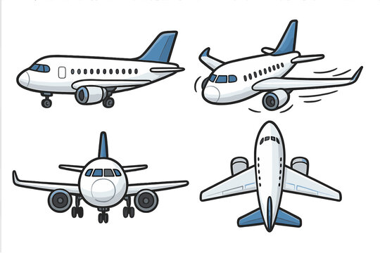 Multiple views of a commercial airplane showcasing design features and flight potential, vector cartoon illustration with transparent background, ordered set of 4 perspectives