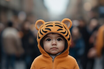 A young Caucasian toddler quadrober, wearing an orange tiger hooded jacket, stares directly at the camera