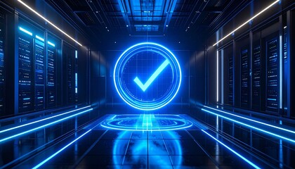 A digital hologram projecting a vivid blue tick symbol in a dark tech-inspired room, glowing edges with cinematic clarity and realism.