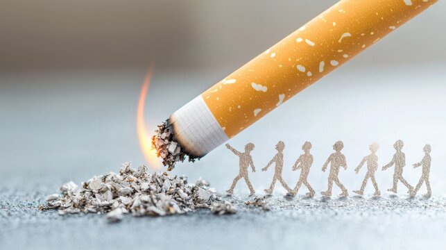 Visual Metaphor of Tobacco Harm Featuring a Lit Cigarette and Ashes