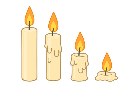 Progression of burning candles showing different stages of flame and wax melting in a calm peaceful setting, vector cartoon illustration with transparent background, waxing candles