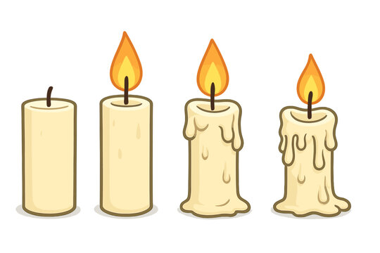 Progression of burning candles showing different stages of flame and wax melting in calm setting, vector cartoon illustration with transparent background, candle wick and flame evolution