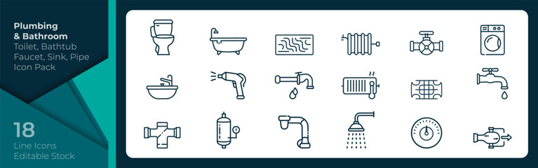 Plumbing and Bathroom Fixtures Line Icons Vector Set – Faucet, Toilet, Bathtub, Shower, Radiator, Valve