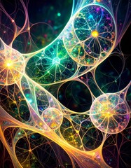 Intricate Abstract Interconnected Web Design with Iridescent Ornate Details and Fractal Illuminating Light