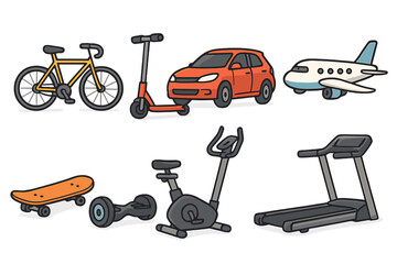 Modern vector illustration of various transportation modes and exercise equipment in a vibrant cartoon style, perfect for lifestyle, fitness, and urban mobility concepts