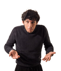 Man expressing confusion with a puzzled expression in a studio setting