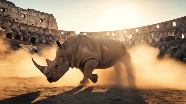 A powerful rhinoceros charges through the dusty floor of an ancient Roman amphitheater in a surreal display of untamed strength at sunset