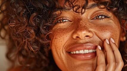 a close-up portrait of a woman with curly hair and freckles - Powered by Adobe