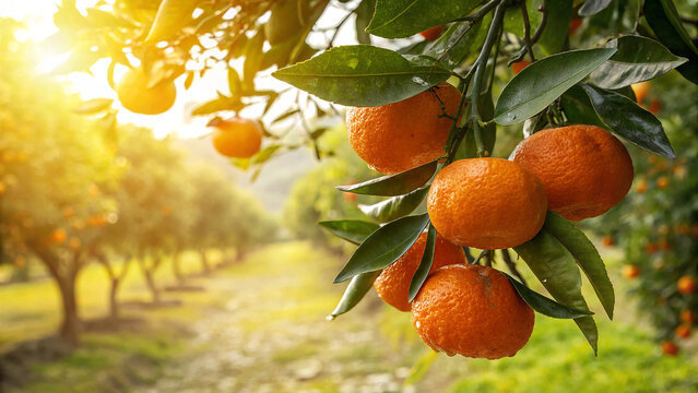 Mandarin hanging tree ready to harvesting in garden, Mandarin on tree in natural warm sunlight background