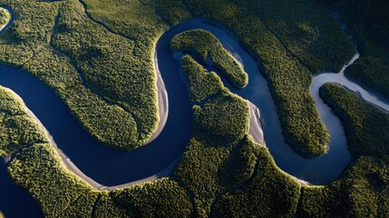 drone shot of winding river, geometric patterns 