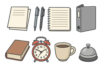 Office supplies icon set for business and study. Vector cartoon illustration of paper, pen, notebook, binder, book, alarm clock, coffee mug and hotel service bell isolated.