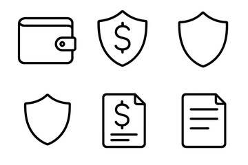 Finance security outline icon set. Money protection, financial safety and insurance concept. Vector wallet, shield with dollar, document, bill, contract and payment icons.