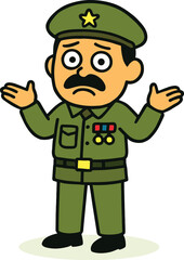 Cartoon military officer in green uniform with medals shrugging arms, confused army commander character illustration with mustache and star cap.