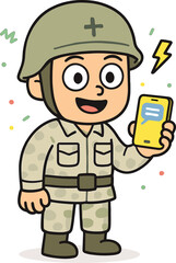 Cartoon soldier in military uniform holding smartphone, happy army character using mobile phone for communication, technology illustration with camouflage helmet.
