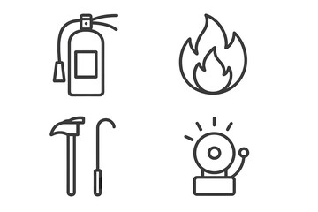 Fire safety line icon set. Firefighter equipment outline symbols. Emergency evacuation plan elements. Extinguisher, flame, alarm bell and rescue tools vector collection.