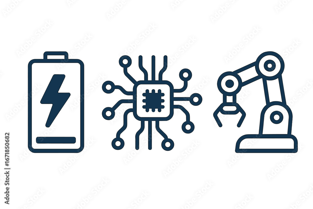 Poster automation and technology icon set. battery power, cpu microchip circuit and industrial robotic arm.