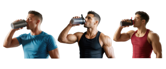 Three muscular men drinking from shaker bottles on white isolated on white transparent background png jpg business people clipping path cutout 2025 2026 4k full hd poster banner label download