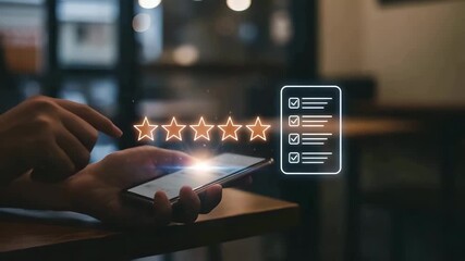 Hand on smartphone give feedback five star symbol, rating of product and service. 5 star score. Survey of customer satisfaction, review on food