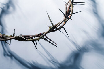 Jesus Crown of thorns shadow silhouette against textured gray surface, symbol spiritual pain and...