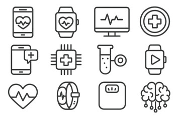 Health and technology line icon set. Medical, digital, and fitness concepts in outline style. Vector symbols for mHealth, telemedicine, wearable tracker, and AI in healthcare.