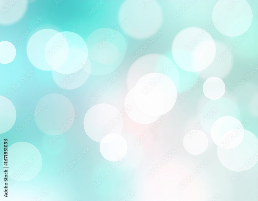 Poster turquoise blurred bokeh light background with shiny circular highlights and soft festive texture