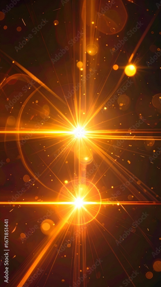 Poster golden abstract light streaks with bokeh particles and starburst effect