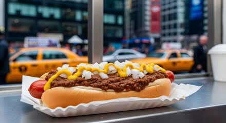 Delicious Chili Cheese Hot Dog with Yellow Mustard and Chopped Onions in New York City.