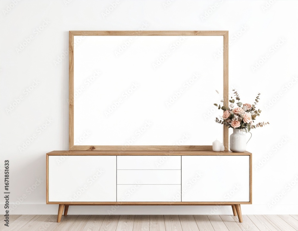 Aufkleber rectangular frame mockup leaning on white cabinet with floral display against textured background