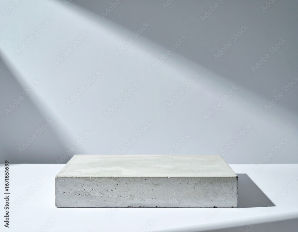Poster minimalist concrete block platform against white backdrop with a soft shadows