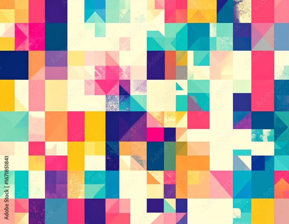 Poster abstract geometric mosaic pattern featuring squares and triangles in vibrant colors
