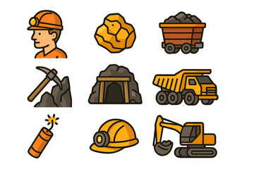 Mining icons set. Miner, pickaxe, gold nugget, dynamite, and mine cart. Industrial coal extraction and quarry equipment. Dumper truck and excavator vector cartoon symbols.