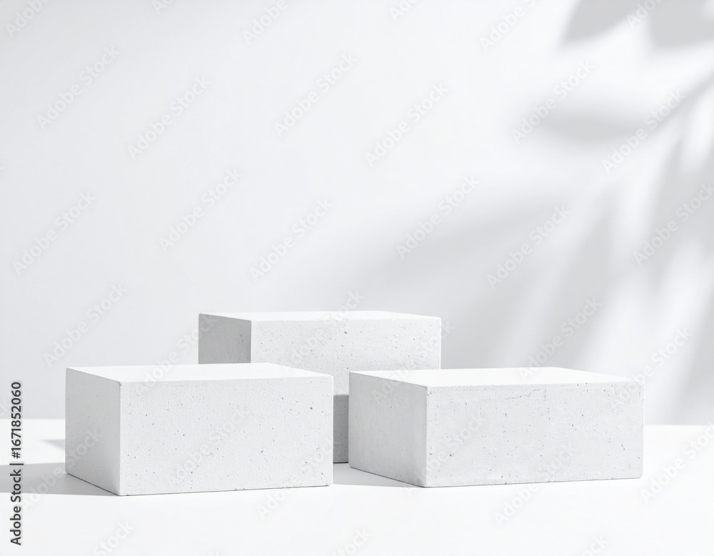 Poster three white stone cubes for product display with shadow in minimalist background