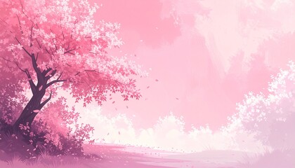 Enchanting pink cherry blossom tree branches with falling petals on a soft, dreamy background