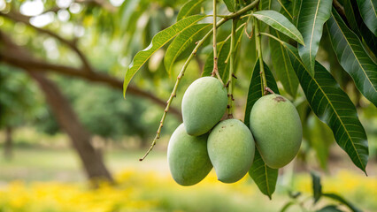 Green Mango hanging on tree branch in garden, Green mangoes tree in natural warm sunlight background