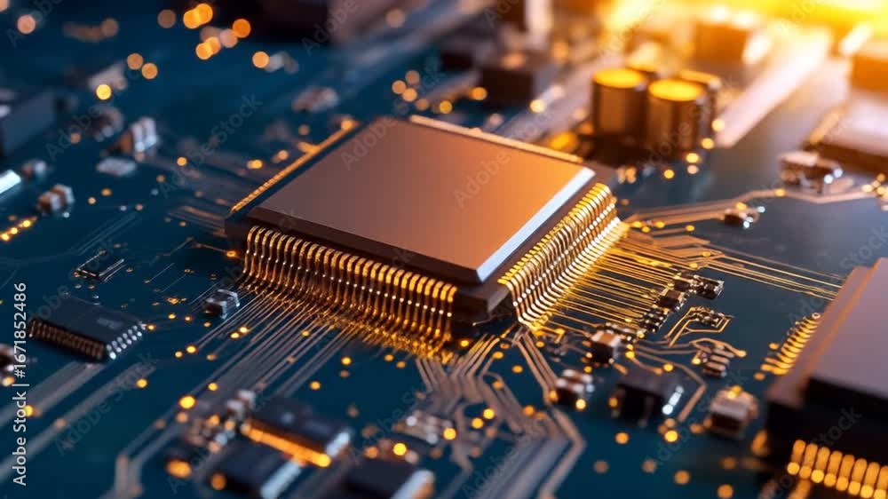 Poster close up of a blue circuit board with central processor reflecting golden light in a high tech setti
