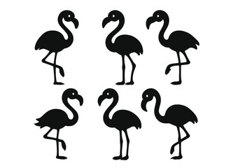 Set of black flamingo silhouettes in different poses. Minimalist vector cartoon icon collection. Tropical exotic bird animal graphic element for design. Simple flat illustration.